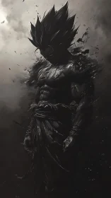 Monochrome muscular warrior figure in dissolving shadow form.