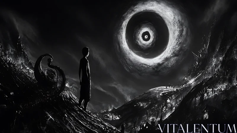 Lone figure observes swirling cosmic void in darkness.