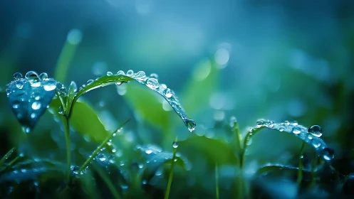 Morning dew clings to curved grass blades in cool blue light
