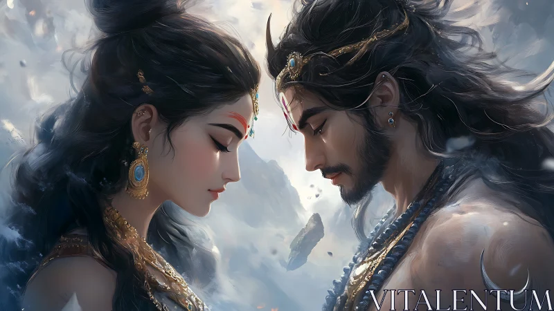 Two stylized figures face each other in a misted environment