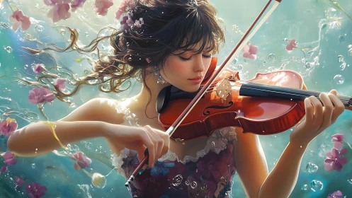 Digital painting of underwater violinist with floral immersion.