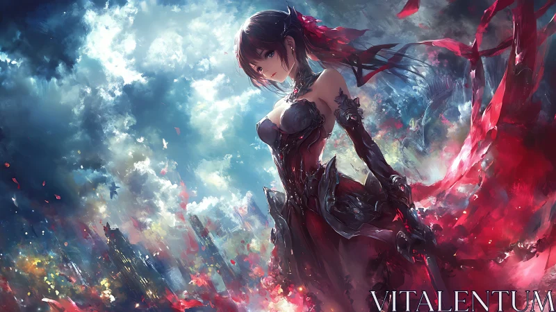 Crimson storm knight steadies the sky with silent resolve