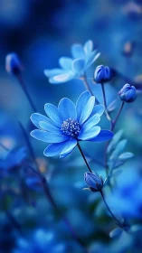 Blue daisy-like flowers with unopened buds in shallow focus composition.