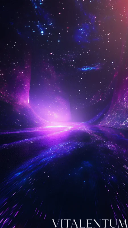 Warped violet space corridor bends toward radiant horizon
