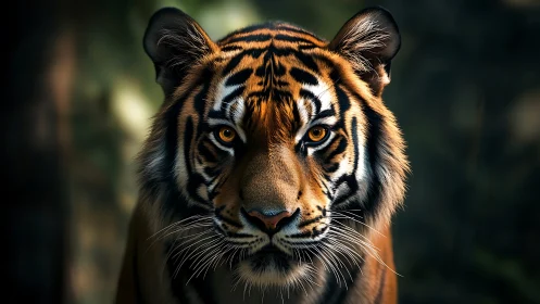 Intense tiger portrait stares forward in dramatic forest light.