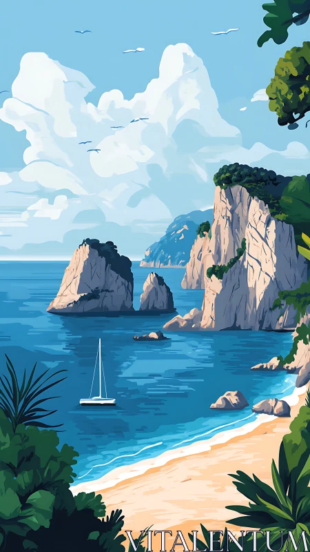 Coastal Landscape with Dramatic Cliff Formations, Sailboat, Beach Vegetation