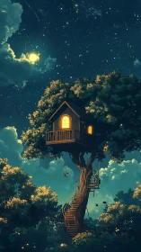 Elevated arboreal cabin under luminant nocturnal skyscape.