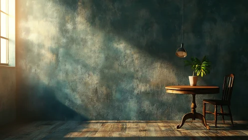 Quiet sunlit corner with rustic table, plant, and chair.