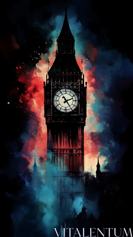 Big Ben clock tower in dramatic red and blue watercolor haze.