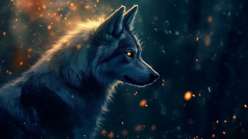 Luminous-eyed wolf watches emberlit forest dusk
