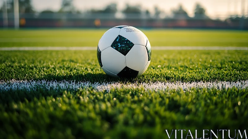 Soccer ball on green pitch resting on white sideline stripe.