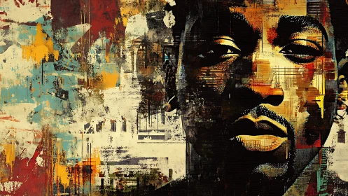 Male portrait merges with fragmented abstract urban textures