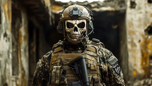 Armored soldier in skull mask stands amid urban ruins.