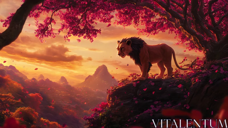 Regal lion watches a glowing sunset above vivid pink forest