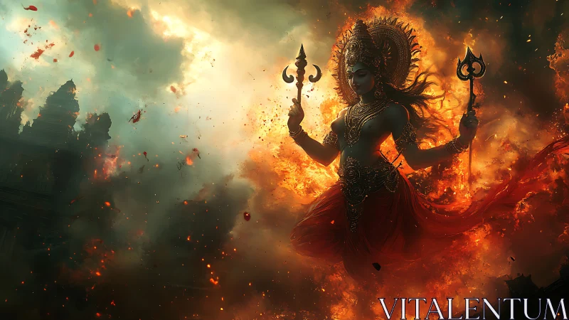 Digital painting of fiery warrior goddess amid temple ruins.