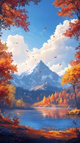 Autumnal alpine lake under cumuliform cloud architecture.