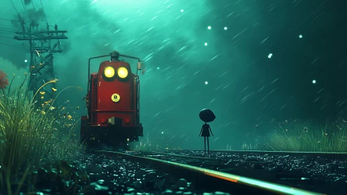 Neon rainlit red locomotive facing silhouetted child figure.