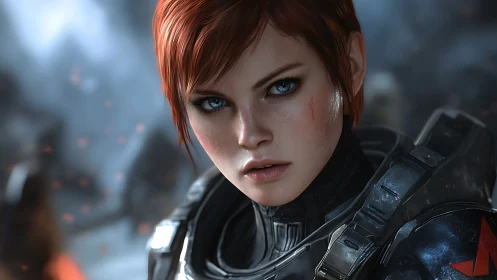 Battle-worn female soldier stares forward in sci-fi armor