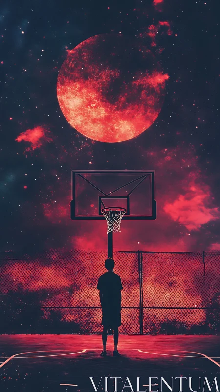 Midnight hoops beneath a glowing cosmic red moon.