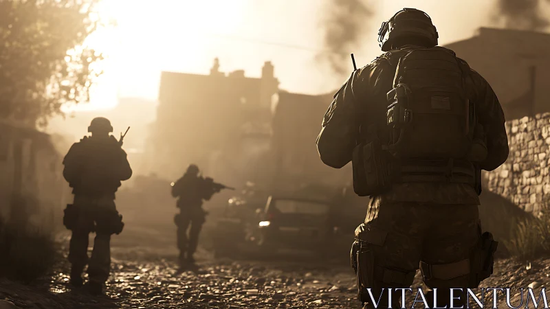 Backlit soldiers advancing through war-torn urban street.