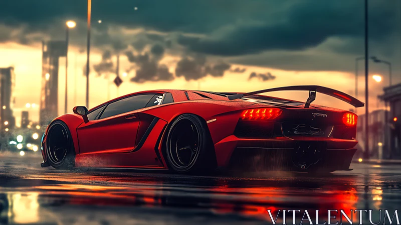 Red sports coupe is positioned on wet urban roadway at dusk