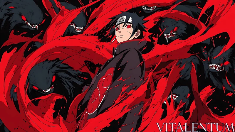 Dark anime warrior commands raging crimson shadow beasts