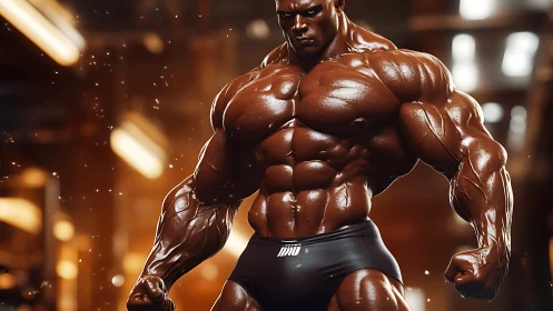 Hyper-muscular male bodybuilder in gym environment posed.