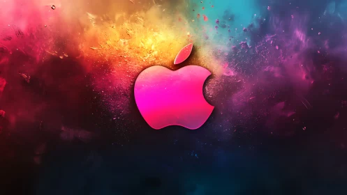 Iridescent pink apple emblem in explosive nebula field.