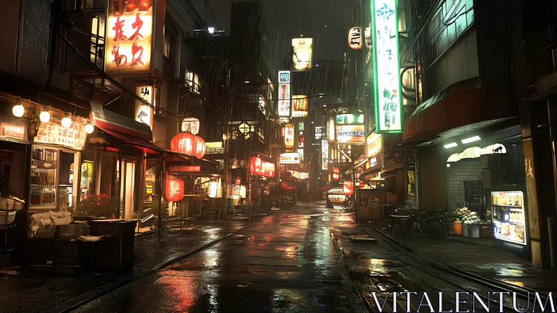 Rain-soaked neon alleyway captures atmospheric city night.