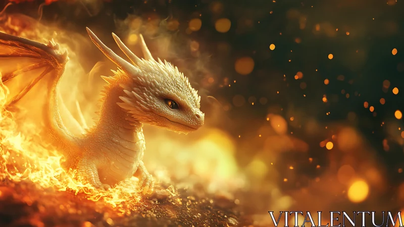 Fiery dragon hatchling emerging amid molten embers.