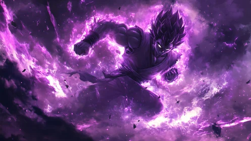 Explosive anime warrior enveloped in high-energy violet plasma field