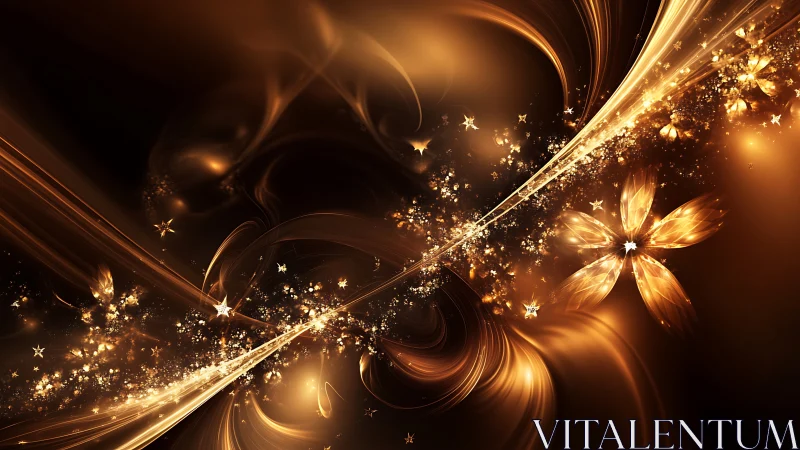 Golden light trails and abstract floral forms in motion.