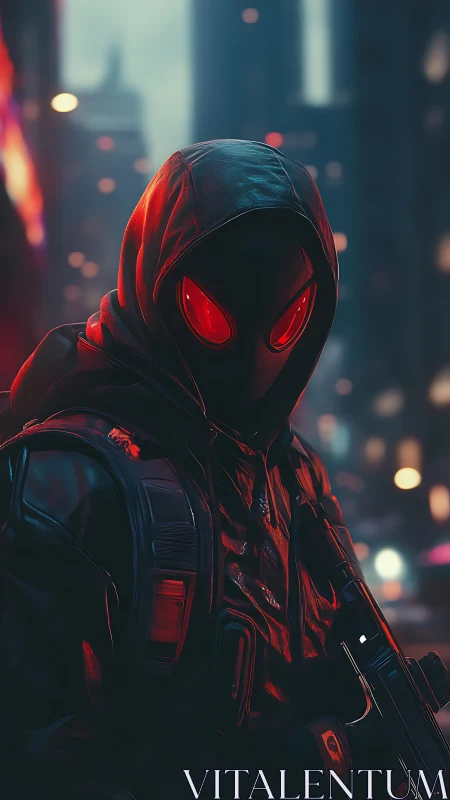 Urban nocturnal operative with red-lensed tactical mask.