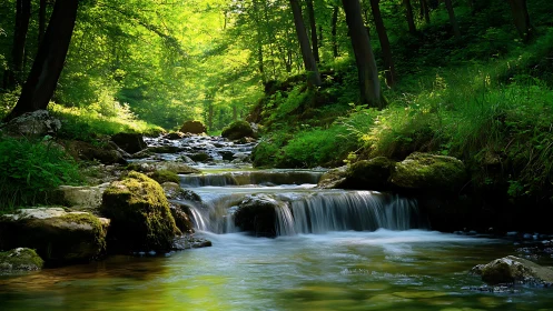 Shallow forest stream flowing over rocks under dense canopy.