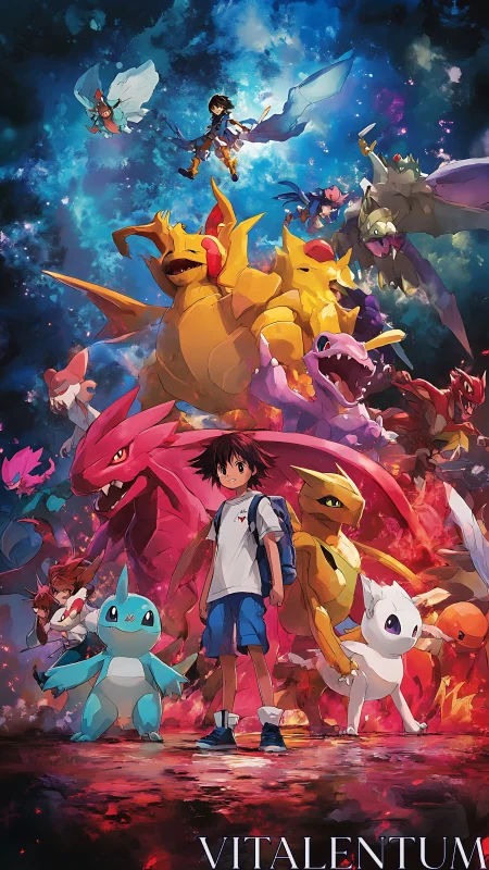 Brave young trainers stand united with powerful fantasy creatures