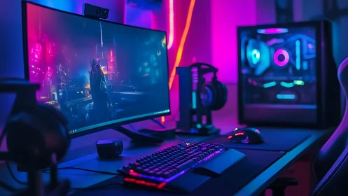 Neon-lit gaming command center glows in cyber twilight.