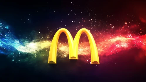 Golden arch logo against vivid cosmic color wave.
