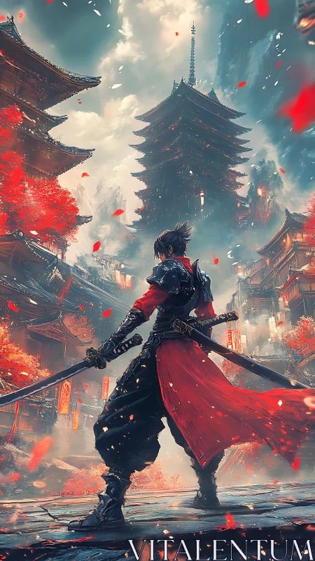 Lone samurai stands before towering pagoda in storm of petals