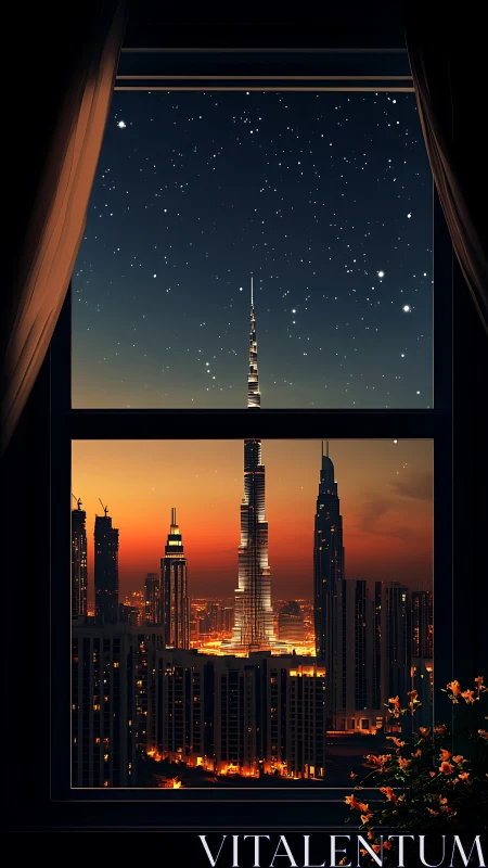 City skyline and star field are framed by a window view