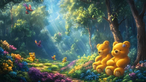 Sunlit teddy bears daydream as enchanted forest blooms around