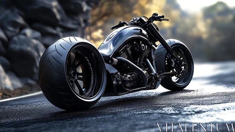 Custom black power cruiser motorcycle on wet mountain road.