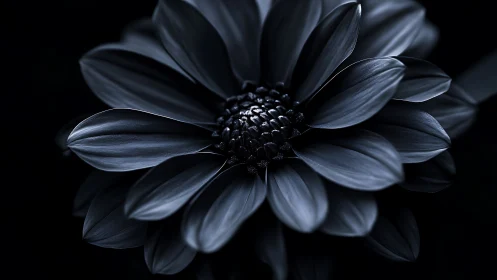 Monochromatic daisy flower bloom photographed against black background.