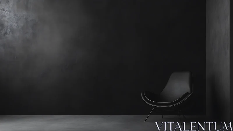 Minimalist black lounge chair in dark tonal interior space.