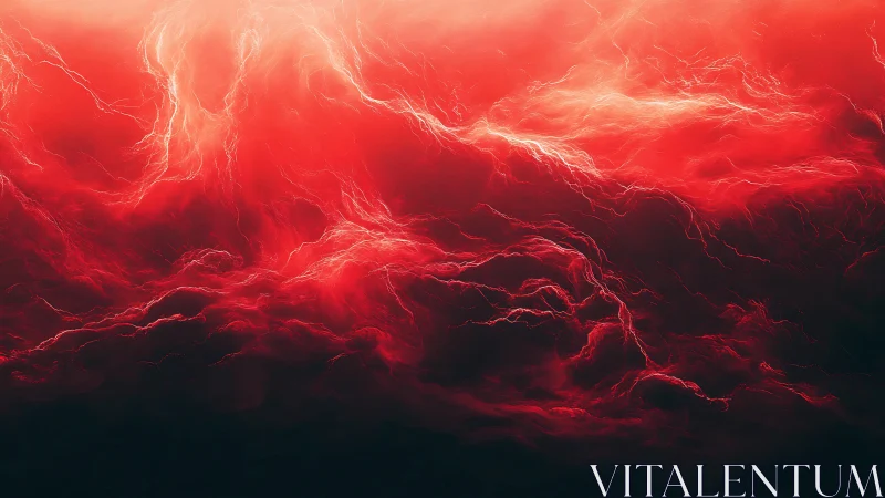 Red cloudlike formations intersect with branching light filaments