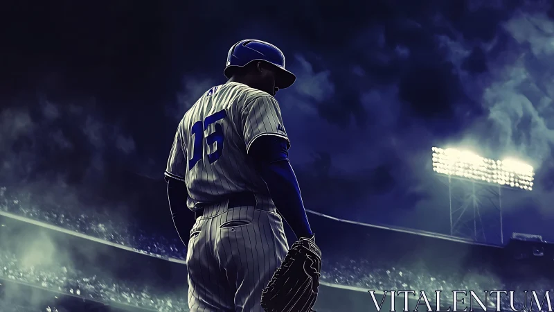 Under stadium lights, lone pitcher framed in stormy night.