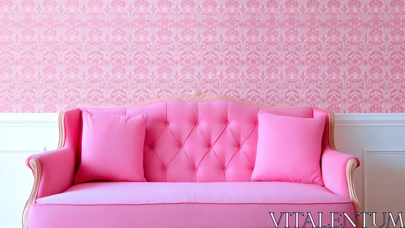 Pink tufted sofa against patterned floral pink wall.