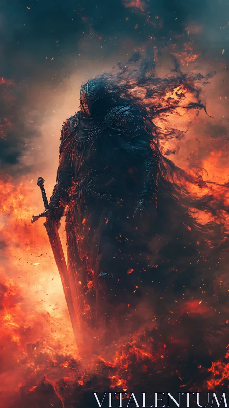 Armored infernal knight emerges through dynamic flame plumes