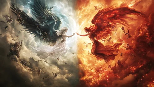 Celestial duel of light and flame as twin angels converge.