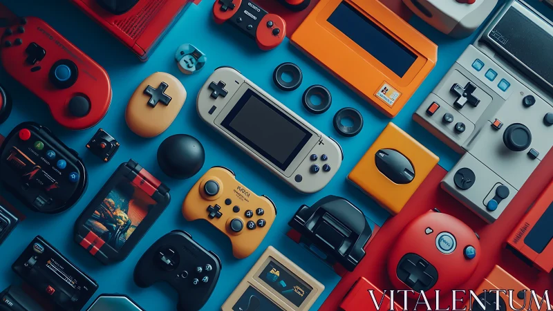 Colorful retro gaming controllers form precise grid layout.