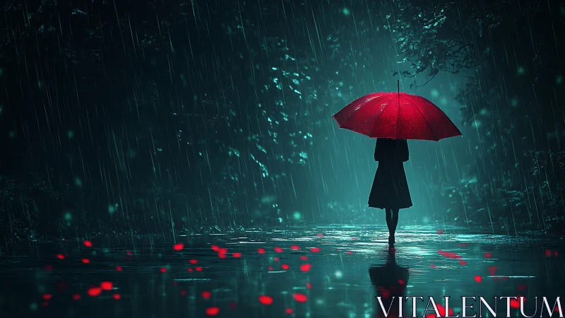 Silhouette holding red umbrella stands alone on wet road